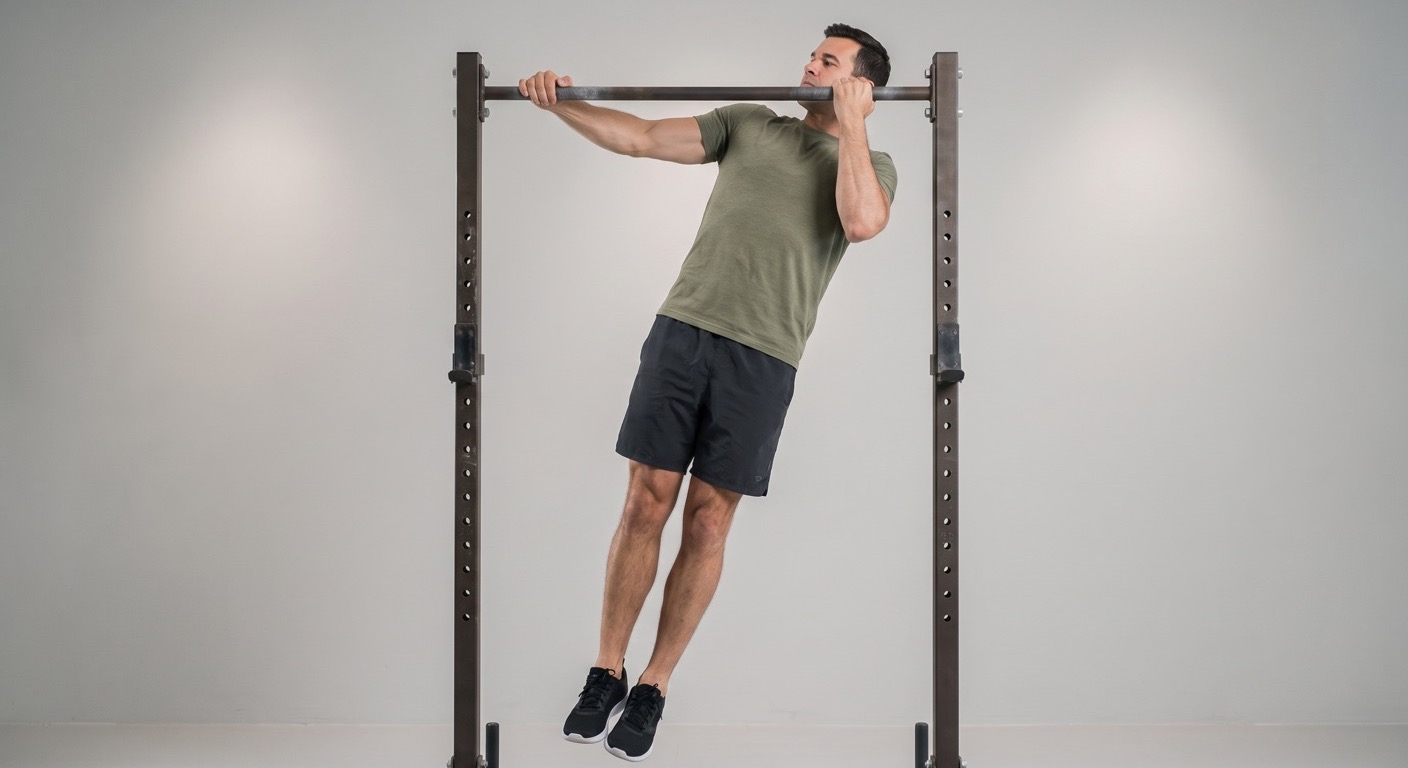 Sportler führt einen Archer Pull-up zu einem gebeugten Arm aus, während der andere Arm lang über die Stange gestreckt bleibt