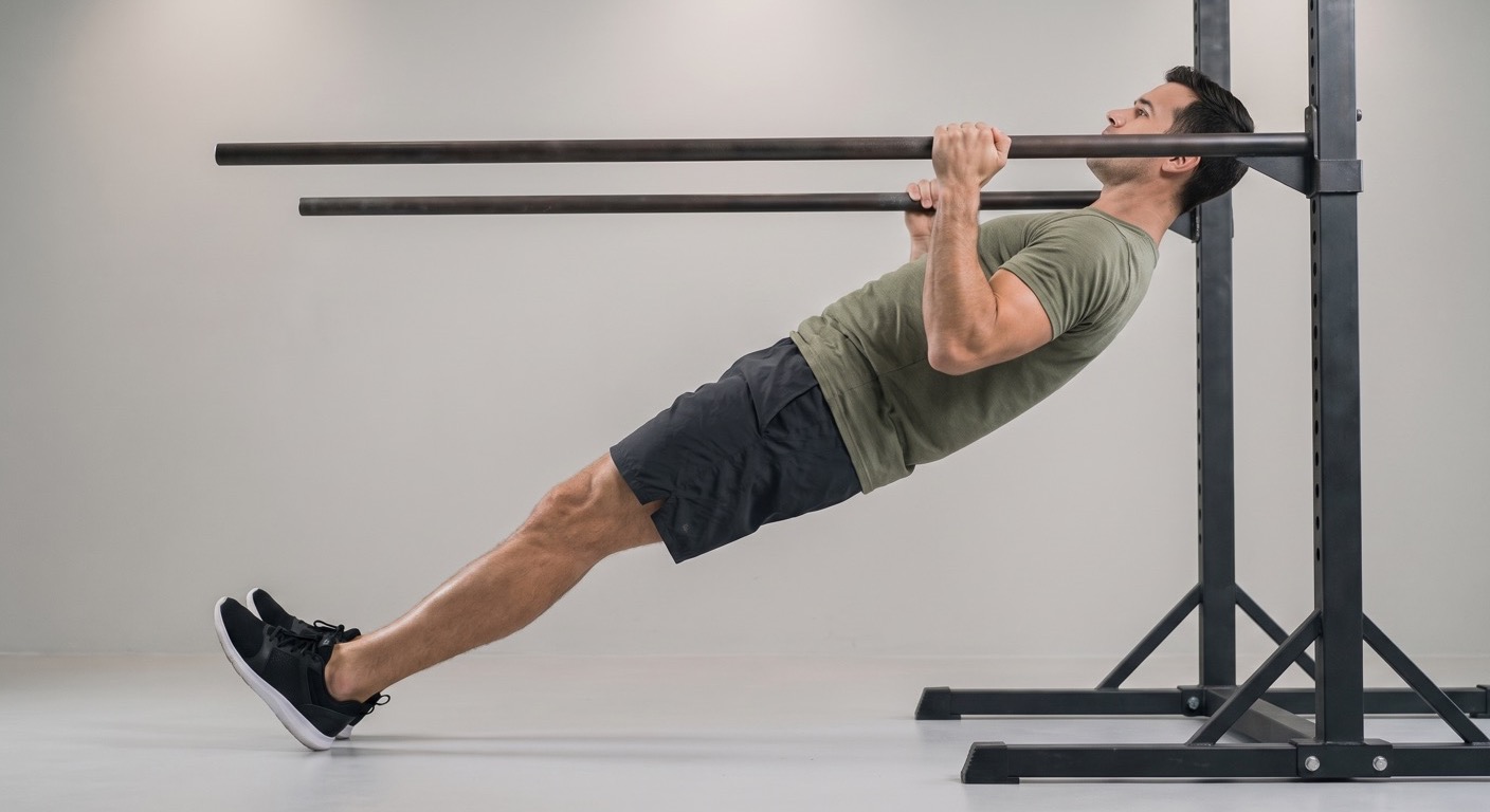 Sportler führt einen Australian Pull-up unter einer niedrigen Stange aus