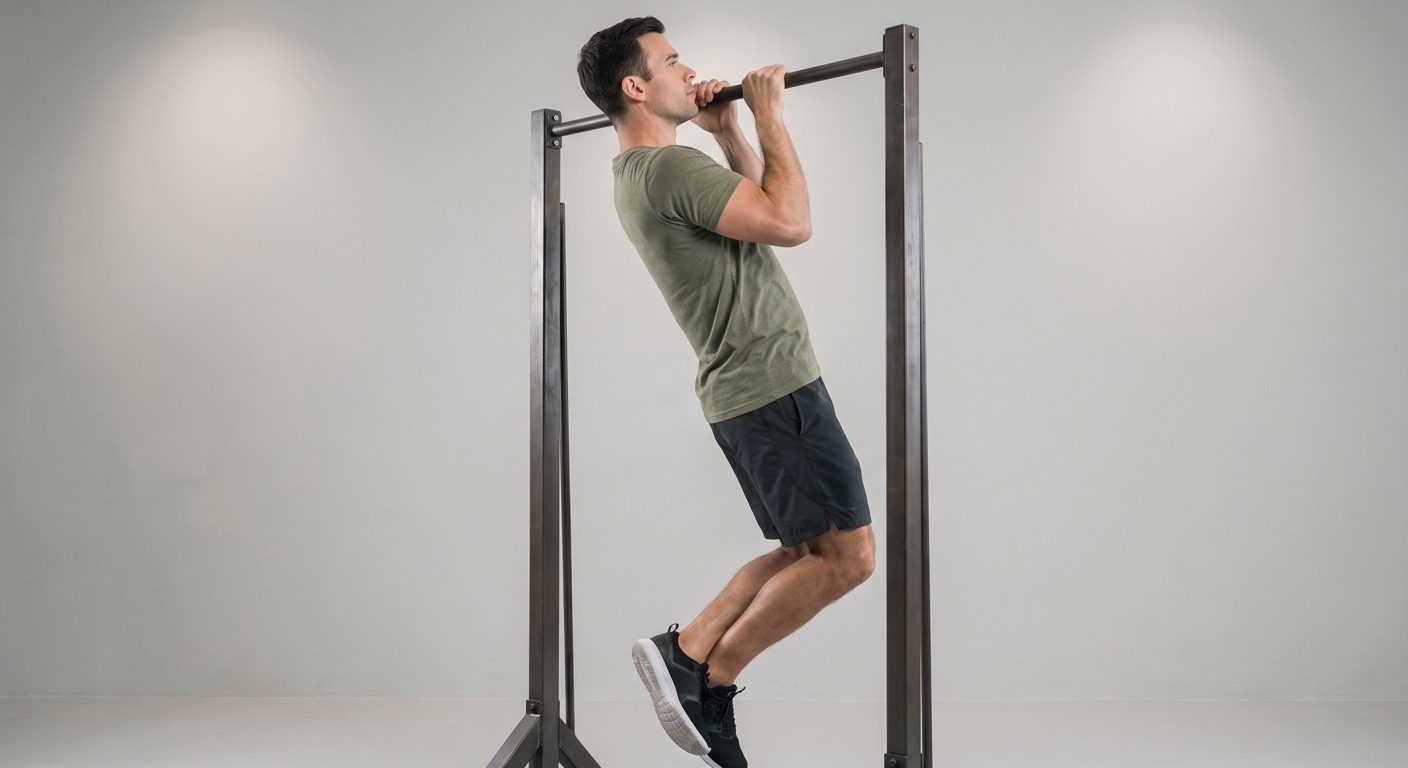 Sportler führt einen Commando Pull-up mit gemischtem Griff aus