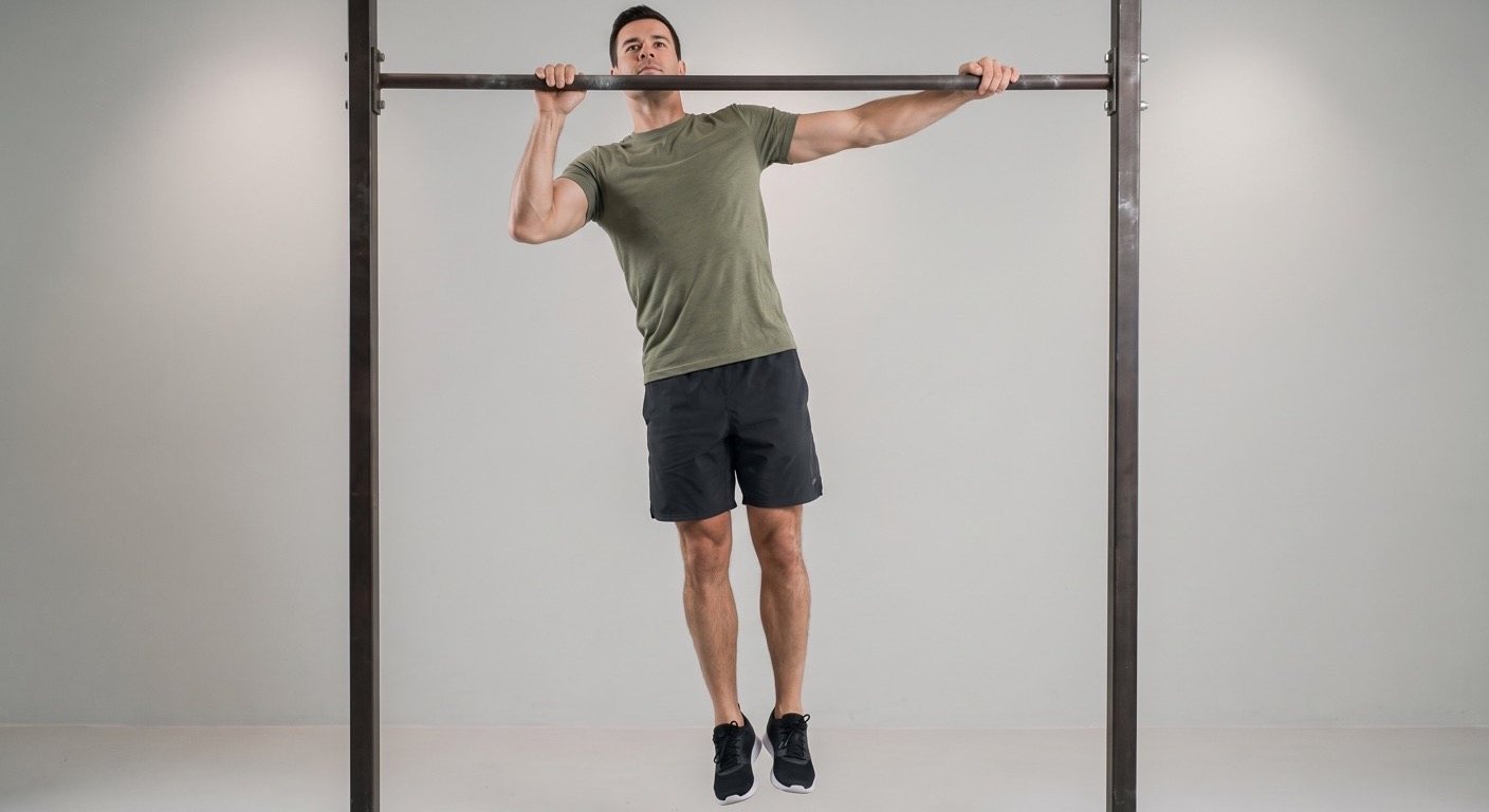 Sportler bewegt sich am oberen Punkt eines Typewriter Pull-ups seitwärts